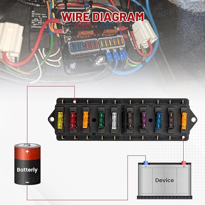RED WOLF Car 10 Way Fuse Block Blade Fuse Box Standard Circuit Fuses Holder Fit Car Trailer Truck SUV Boat Marine Auto RV Power Distribution Panel Damp-Proof Cover DC 10-32V