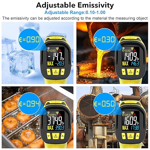 Infrared Thermometer Temperature Gun, TEMIRUP Non-Contact Digital IR Laser Temp Gun -58°F to 1472°F, K-Type Probe -40°F~1202°F, for Cooking, Pizza Oven, BBQ, HVAC, Home & Industrial