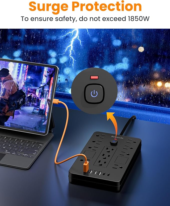 Bawmwim Surge Protector Power Strip - 11 Outlets(1850W/15A) with 6 USB Ports(2 USB C), 6FT Flat Plug Extension Cord, Wall Mount, Black, ETL Listed for Home, Dorm Room
