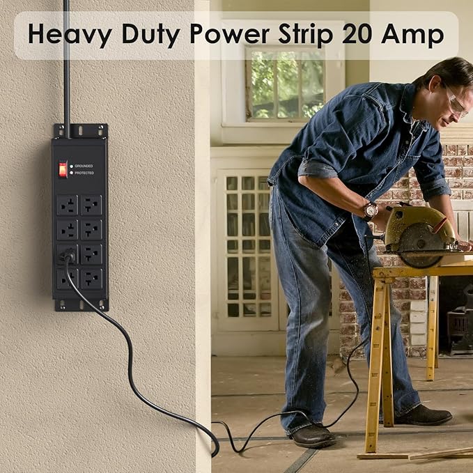 JUNNUJ Heavy Duty 20 Amp Surge Protector 4800J, Garage Metal 8 Outlets 12 Gauge, High Amp 5-15P Adapter Shop 6-20R T-Slot Industrial Outlet, 6 FT Extension Cord Commercial for Appliance