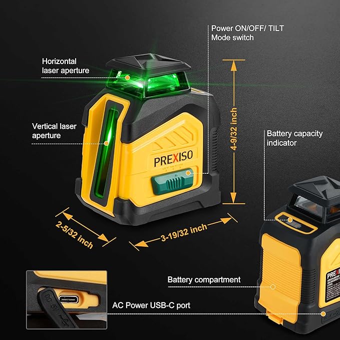 PREXISO 360° Laser Level with Tripod, 100Ft Dual Power Self Leveling Cross Line Laser- Wide Angle Vertical Line for Construction, Floor Tile, Renovation with Magnetic Base, Wall Panel Stand, Carry Bag
