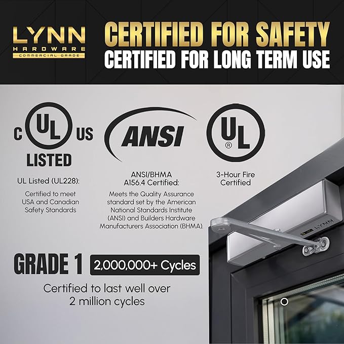LYNN HARDWARE Extra Heavy Duty Automatic Door Closer (Dark Bronze) - Commercial Grade, Contractors Choice, Adjustable Speed, Delayed Closing Timer, 3 Mounting Options, 3 Hour Fire Rated (DC9016 Model)