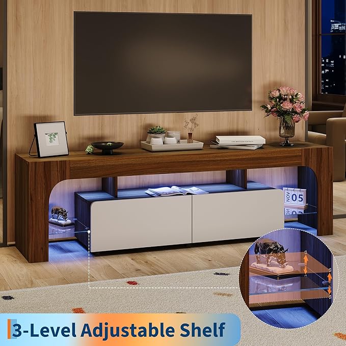 IDEALHOUSE LED TV Stand for 55 to 75 Inch TV, Walnut Entertainment Center with Storage Drawer & Glass Shelves, Modern TV Console Table with Color Changing Lights for Living Room Bedroom