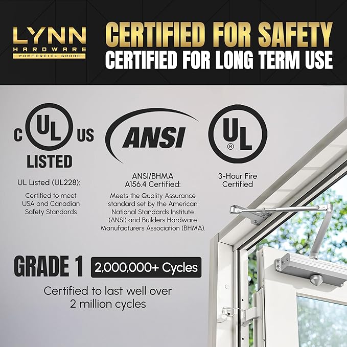 LYNN HARDWARE Medium/Heavy Duty Automatic Door Closer (Matte Black) - Commercial Grade, Contractors Choice, Adjustable Speed & Force, 3 Mounting Options, 3 Hour Fire Rated (DC7016 Model)
