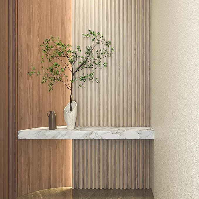 Art3d Slat Wood Wall Paneling for Interior and Ceiling Decoration - Pack of 4pcs + 1pc End-Trim, Size 108 x 5.7in.- Ashtree