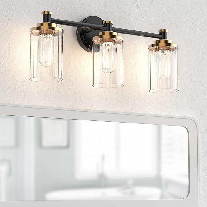 PHIXART Bathroom Lighting Fixtures Black and Gold Bathroom Vanity Light with Cylindrical Clear Stripes Glass Lampshade E26 Socket Base Bathroom Lighting Fixtures Over Mirror (3 Lights)