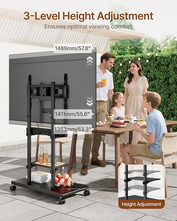 ECOTINY Steel Base Rolling TV Stand with Soundbar Mount for 50-90 inch TVs up to 154lbs, Swivel&Tilt Mobile TV Stand with Large Storage, Height Adjustable Heavy-Duty TV Cart, Max VESA 600x400mm, Black