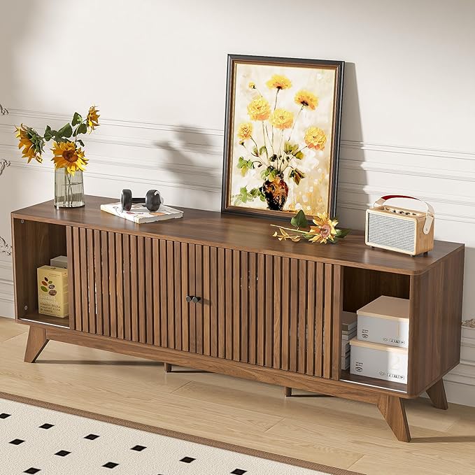 Oubayajia Mid Century Modern TV Stand for Televisions up to 70 Inches, with Sliding Doors and Storage, Curved Edge Television Stands, TV Consoles, Media Consoles for Living Room (Walnut, 63inch)