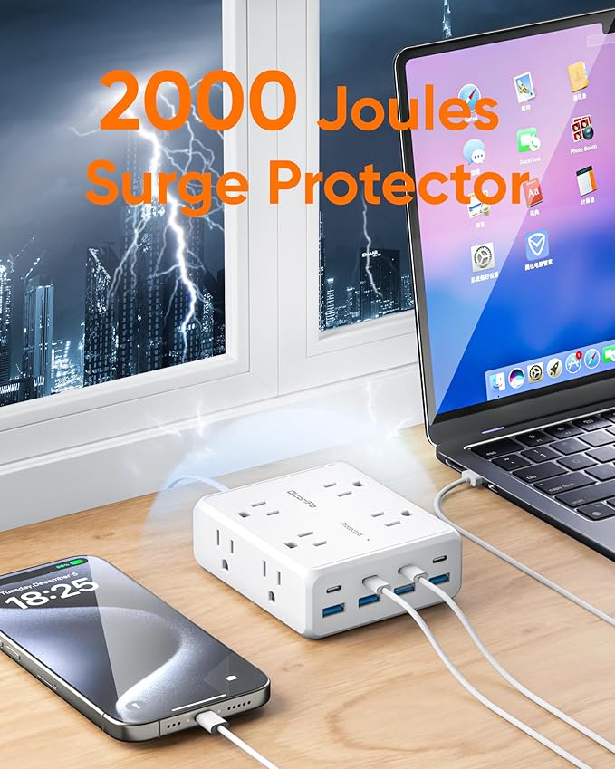 Olcorife Power Strip 8 AC with 8 USB Ports, 10 FT Flat Plug Extension Cord, 2000 Joules Surge Protector, 30W Charging Station, Home Office College Dorm Room Essentials