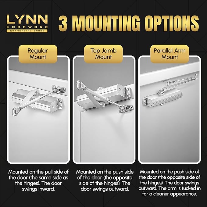 LYNN HARDWARE Medium/Heavy Duty Automatic Door Closer (Dark Bronze) - Commercial Grade, Contractors Choice, Adjustable Speed & Force, 3 Mounting Options, 3 Hour Fire Rated (DC7016 Model)