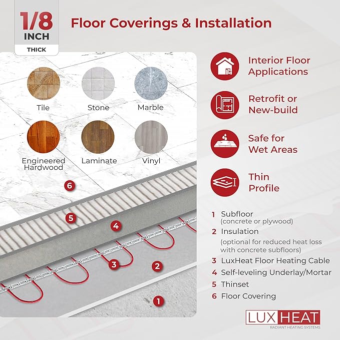 LuxHeat 140sqft Floor Heating Cable Kit - 240v Infloor Heat System - Heated Flooring System Includes UDG4 Programmable Thermostat w/GFCI, Heating Cable, Strapping, Floor Sensor & Alarm