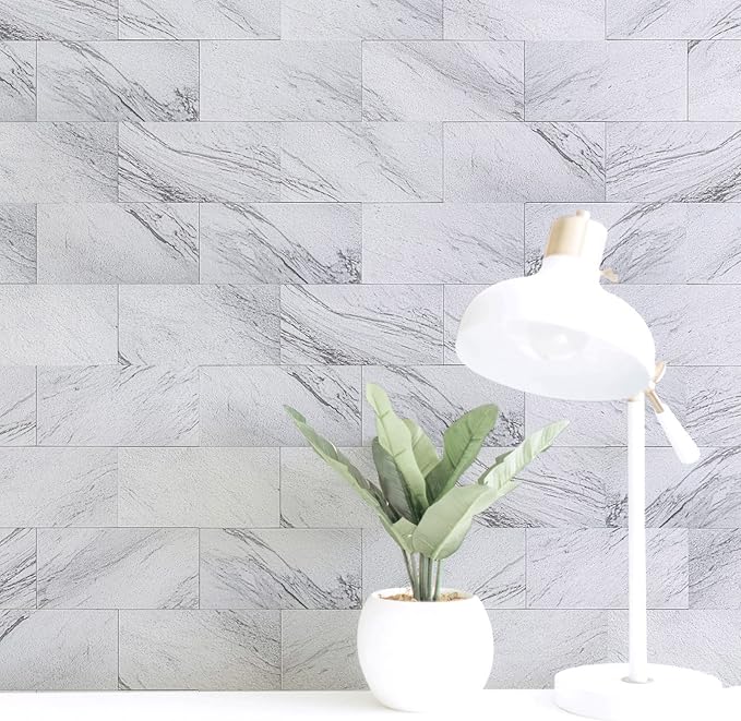 Art3d 102-Piece Peel and Stick Tile Backsplash for Kitchen Bathroom, 3in. × 6in. Stick on Subway Tile White Granite
