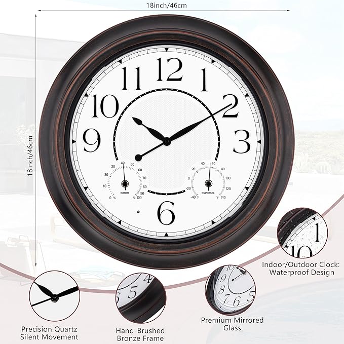 Koosome Outdoor Clocks Waterproof 18 Inch, Large Wall Clock with Thermometer & Hygrometer, Illuminated Battery Operated Clock with Smart Sensor for Patio, Pool, Garden, Porch, Living Room