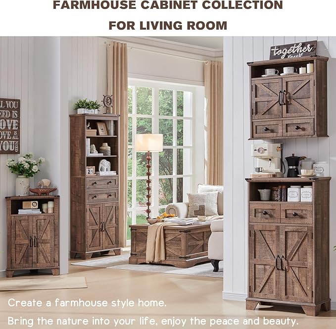 ACCOHOHO Bathroom Wall Cabinet, Farmhouse 24" Wide Medicine Cabinet with Drawer, Adjustable Shelf, Double Barn Doors, Storage Cabinets for Bathroom, Kitchen, Living Room, Rustic Brown