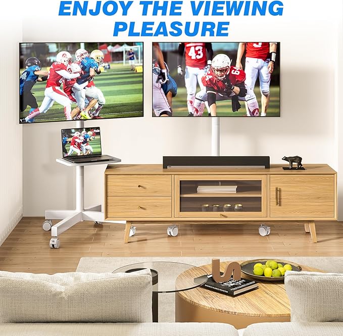 Rfiver Mobile TV Stand for 23-60 Inch LCD LED Flat/Curved Panel Screen TVs up to 88 lbs, Rolling TV Stand with Adjustable Shelf & Tilt, Portable Floor Stand on Wheels for Bedroom, Living Room, White