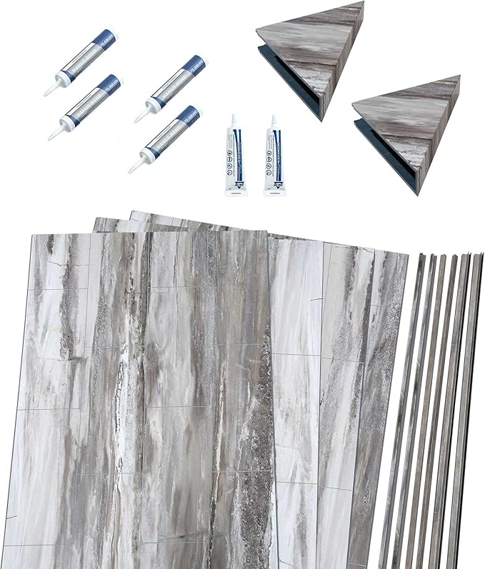 Palisade 78in x 60in x 32in Waterproof Vinyl Shower Surround Kit with Accessories in Louvre Granite