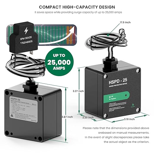 HSPD Square Whole Home Surge Protective Device, Type 1 SPD, Whole House Surge Protector, AC Surge Protection, 120/240VAC (HSPD-25)