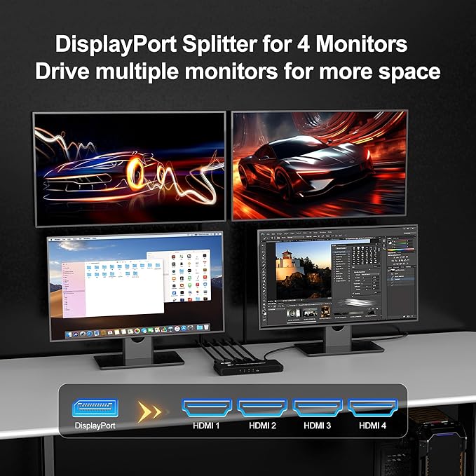 DisplayPort to HDMI Splitter for 4 Monitors, 8K@60Hz HDMI Splitter Extended Display 1 DP in 4 HDMI Out DisplayPort MST Hub for Multiple Monitor, Compatible with Computer, Graphic Card, PC