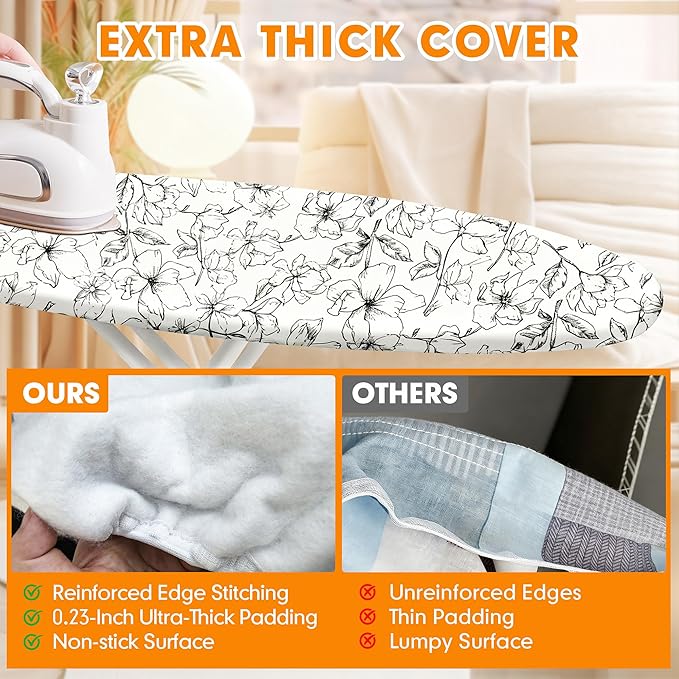Ironing Board Cover and Pad, 15x54 Standard Size Thick Iron Padding, Scorch & Stain Resistant Ironing board cover, Heavy Duty Iron Board Padded with Adjustable Fasteners Elastic Edge, Floral White