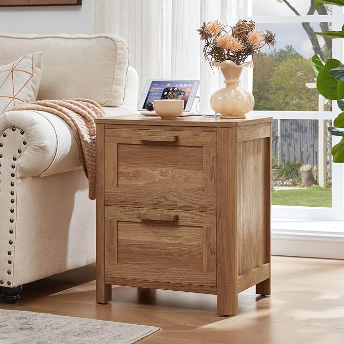Joaxswe Farmhouse Nightstand Set of 2 with Charging Station, End Tables Bedroom with 2 Large Drawers & 4 Thickened Table Legs, Dark Wood