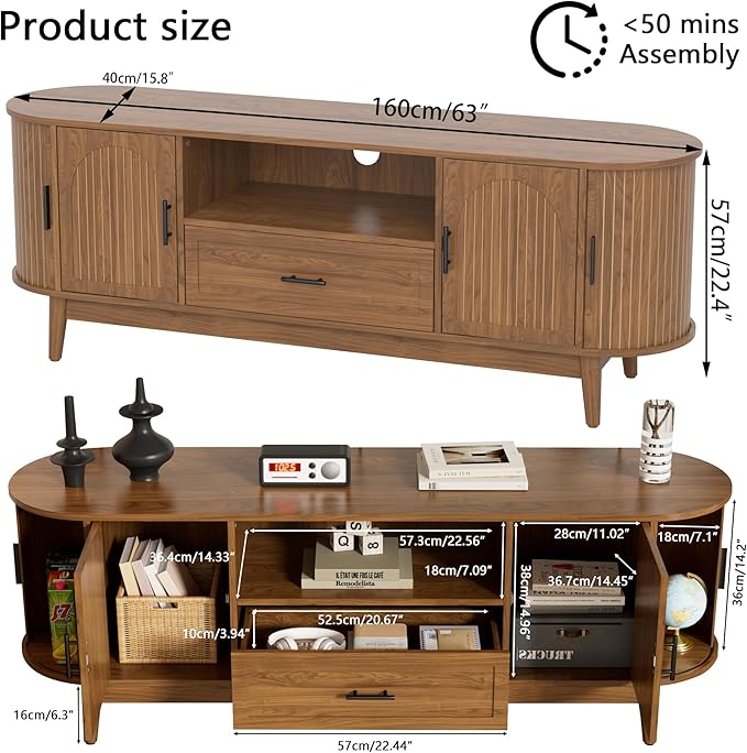 Mxtxmy 63" Fluted TV Stand for Tvs up to 70", Mid-Century Modern Entertainment Center with Drawers and Fluted Doors, Curved TV Media Console Table with Sliding Doors for Living Room, Bedroom (63")