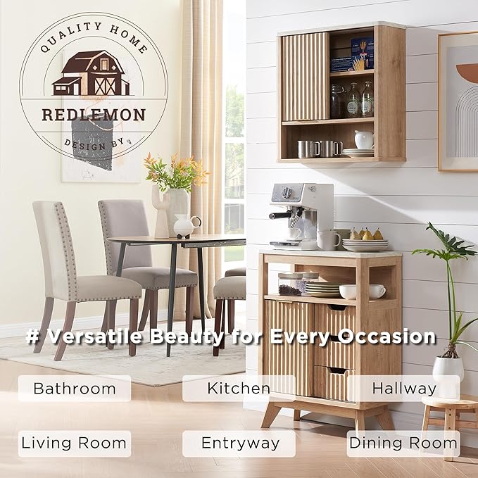 RedLemon Bathroom Wall Cabinet w/Fluted Sliding Door, Modern Medicine Cabinet w/Faux Marble Top & Adjustable Shelf, Curved Profile Wall Mounted Storage Organizer, Natural Oak Color