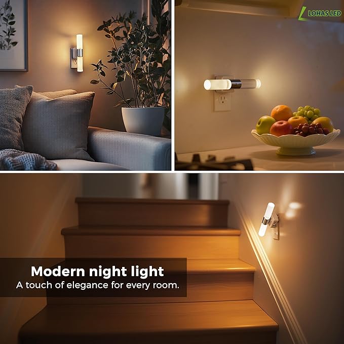L LOHAS LED Night Light, 2 Pack Night Lights Plug into Wall, 3000K Soft White, 0-100LM Adjustable Brightness, 180° Rotating Plug in Night Light with Auto Light Sensor (Matte White)