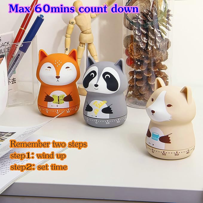 NUOSWEK Mechanical Kitchen Timer, Cute Animal Timer for Kids, Wind Up 60 Minutes Manual Countdown Timer for Classroom, Home, Study and Cooking (Beige Wolf)
