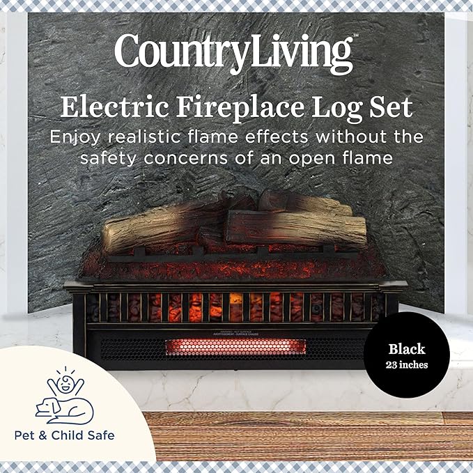 Country Living 23 inch Electric Log Set | Crackling Sound | 1000 Sq Ft Heater | Faux Logs Insert with Infrared Flames for Existing Fireplaces | Remote Control Included
