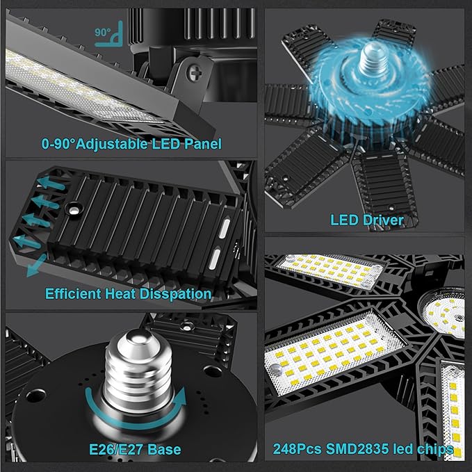 CHENGCHILIT LED Garage Light 4 Pack - 200w 20000LM 6500K Garage Lights Ceiling LED with 7+1 Adjustable Panels, Shop Lights Screw in E26 E27 Bulb Socket for Workshop, Storage Room, Basement, Warehouse