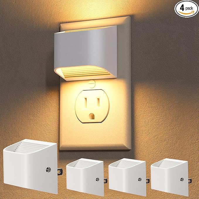 NIORSUN Plug in Night Light, Auto Brightness Sensor Night Light, 3000K Warm White, Ultra-Slim Wall Light for Hallway Bathroom Bedroom Stairs, White, 4 Pack