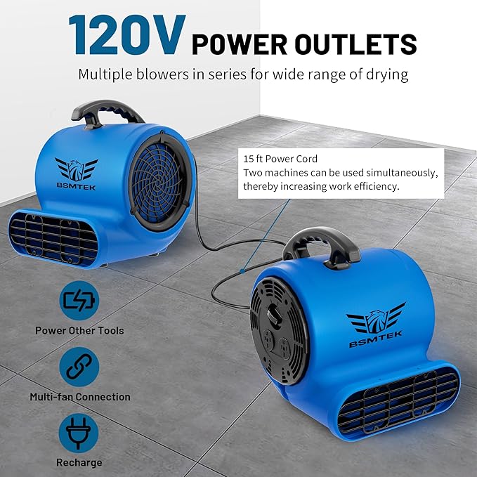 BSMTEK Air Mover Blower Fan, Industrial 1/2HP 2500CFM Monster Floor Blower Carpet Dryers - 3 Speeds, 4 Adjustable Angles, 15FT Long Cord, Stackable - 2026 Upgraded