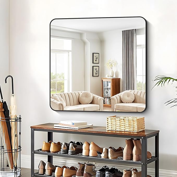 Bathroom Mirror, 39x39 inch Black Square Wall Mirror, Metal Frame Rounded Corner Vanity Mirror, Large Wall Mounted Mirror for Modern Bedroom Living Room Horizontal Or Vertical Mounting