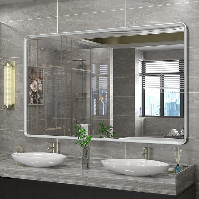60x36 Silver Mirror for Bathroom, Large Silver Vanity Mirror for Wall, Large Rounded Rectangle Mirror, Beveled Border, Anti-Rust, Shatterproof (Horizontal/Vertical)