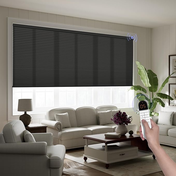 Boolegon Motorized Blinds with Remote, Light Filtering Smart Blinds, Automatic Cellular Shades for Windows, Rechargeable Electric Honeycomb Shades for Home,Light Filtering Black,Custom Size