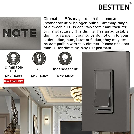 BESTTEN 10 Pack Matte Brown Dimmer Light Switch, Single Pole or 3-Way, Compatible with Dimmable LED, CFL, Incandescent and Halogen Bulb, 120VAC, UL Listed