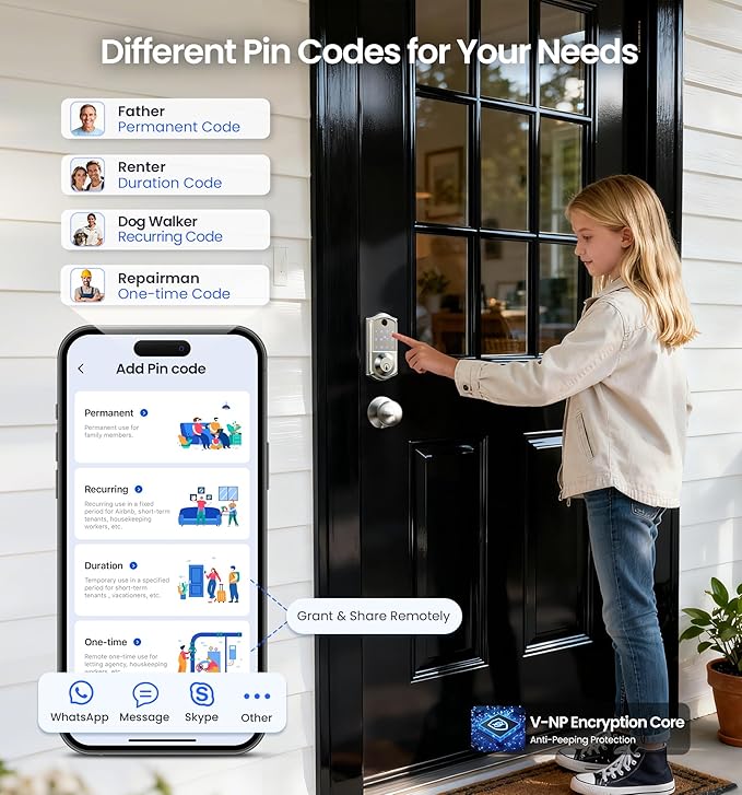 Veise VE017-K Fingerprint Smart Lock with 2 Knobs, App Control, Keyless Entry Front Door Lock with Handle Set, Electronic Digital Touchscreen Keypad Deadbolt, IP55 Waterproof, Auto-Lock, Satin Nickel