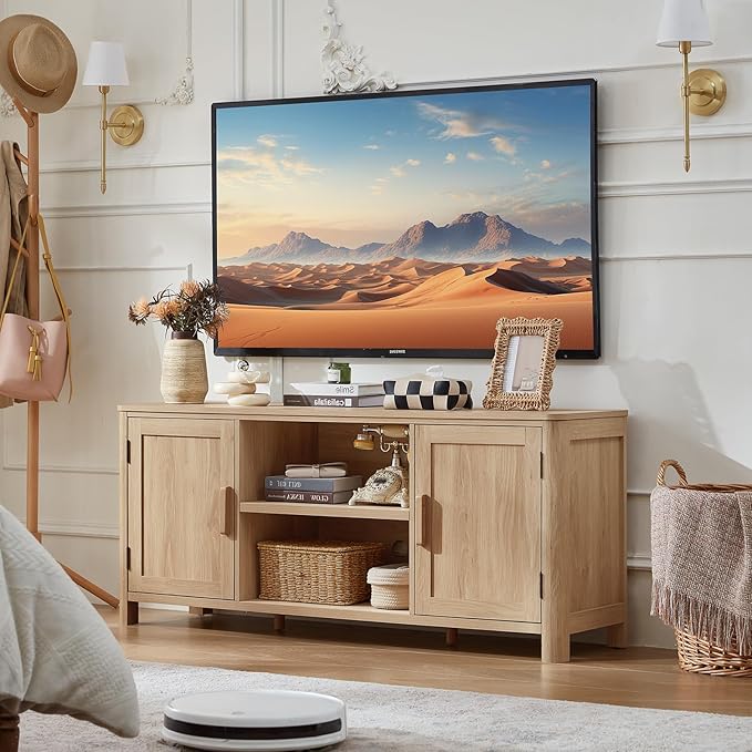 Joaxswe Farmhouse 55" Entertainment Center, Natural Oak Tv Stand with Adjustable Shelves & 2 Door Storage,Wood Media Console Cabinet for TVs Up to 65 inches, Rustic Tv Stands for Living Room,Bedroom