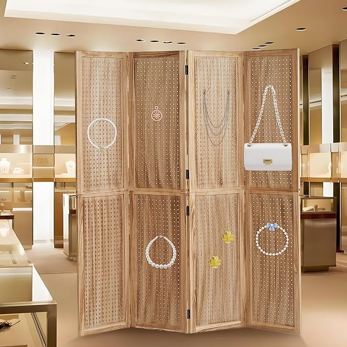 Leesinwing 4 Panel Wooden Room Dividers, 5.6FT High Plug-in Folding Screen Made of Natural Wood, Pegboard Display for Bedroom and Shopping Malls and Jewelry Stores, Light Brown