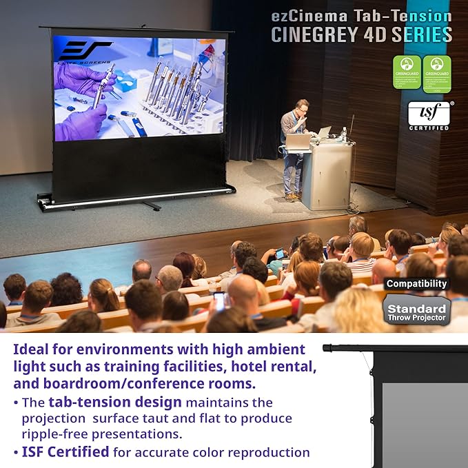 Elite Screens ezCinema Tab-Tension CineGrey 4D, 123-inch 16:9, Manual Floor Pull Up ISF Ceiling Ambient Light Rejecting, Portable Home Office Classroom Projector Screen with Carrying Bag, FT123UH-C4D