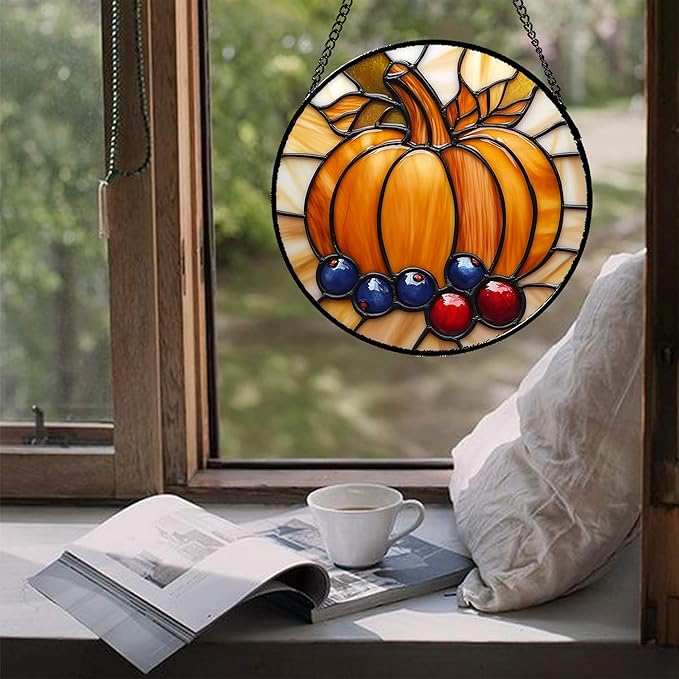 DASTOLL Stained Glass Window Hanging Fall Pumpkin Berries Large 11.8" - Suncatcher Door Garden Kitchen Sunroom Sun Catcher Autumn Home Decor Birthday for Mom Grandma Men Woman