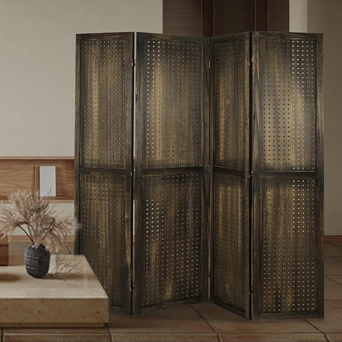 ECOMEX 4 Panel Room Divider, 5.6Ft Pegboard Display Wooden Room Divider Folding Privacy Screen Room Divider Freestanding Peg Board Display for Trade Show Craft Show Home Wall Organizer, Retro Brown