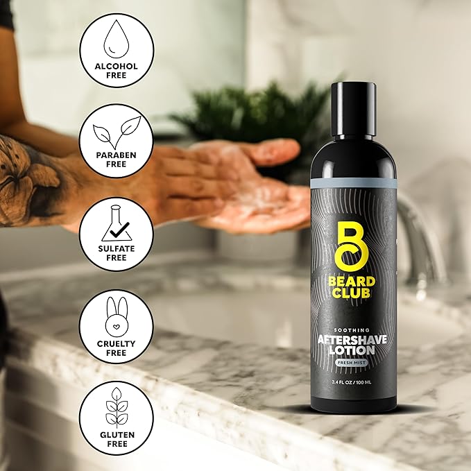 The Beard Club Aftershave for Men – Soothing After Shave Lotion for Men with Chamomile, Tea Tree Oil & Willow Bark – Post Shave Balm Calms Irritation, Prevents Razor Burn & Bumps - 3.4 Fl Oz - 1 Pack