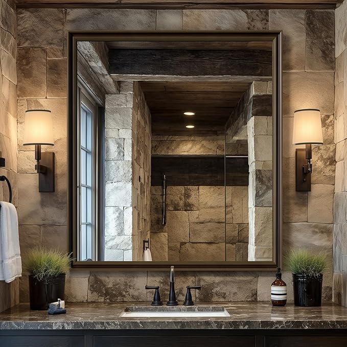 Retro Copper Effect Framed Wall Mirror, 36x40 Rectangle Mirror, Anti-desilvering Tempered Glass, Sustainable&Sturdy Frame, Anti-Rust, HD Reflection &3min Fast Setup for Bathroom Living Room