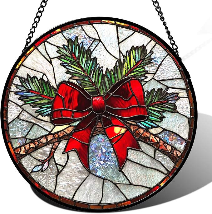 DASTOLL Stained Glass Window Hanging - Pine Branches Red Bow Suncatcher for Doors Home Christmas Decoration Silver Sun Catcher Thanksgiving New Year Birthday Gifts for Women Men Mom Nana 9.8 in