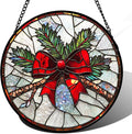 DASTOLL Stained Glass Window Hanging - Pine Branches Red Bow Suncatcher for Doors Home Christmas Decoration Silver Sun Catcher Thanksgiving New Year Birthday Gifts for Women Men Mom Nana 7.8 in