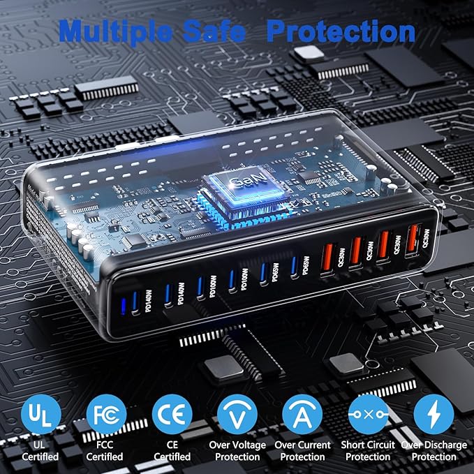 730W USB C Charger Block, 10 Port Fast USB Charging Station for Multi Devices, GaN Ⅲ Charging Block Double 140W/100W/65W PD PPS Port Laptop Charger Compatible with MacBook Pro/Air/iPhone 16/15/Samsung