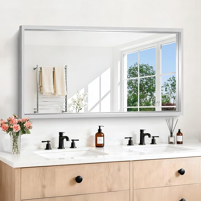 30x55 Silver Bathroom Mirror, Brushed Silver Rectangular Mirror for Wall, 0.6" Thickened Deep Frame Mirrors for Bathroom Sink, Shatterproof Tempered Glass, Antirust, Horizontally or Vertically