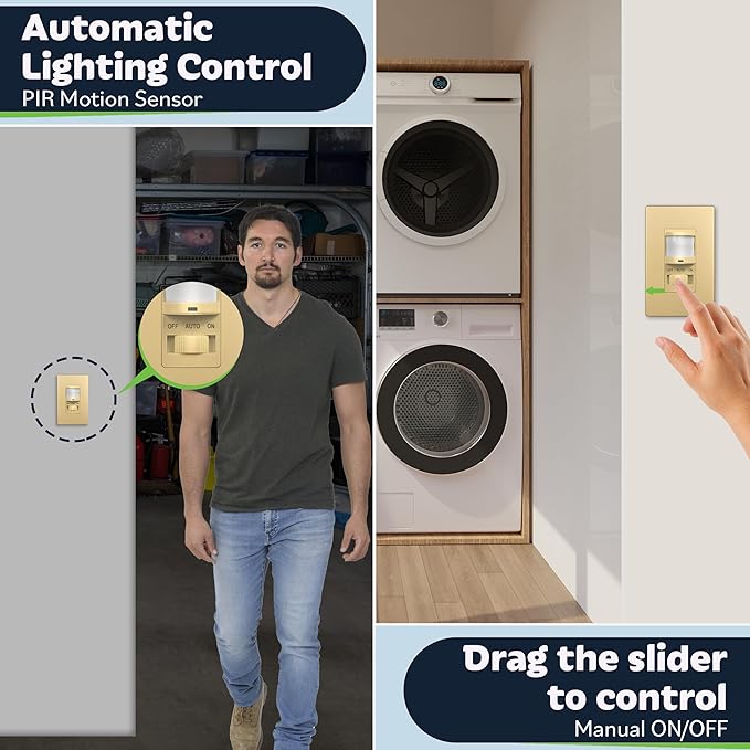 TOPGREENER in Wall PIR Motion Sensor Light Switch, Occupancy Sensor Switch, 𝐍𝐞𝐮𝐭𝐫𝐚𝐥 𝐖𝐢𝐫𝐞 𝐑𝐞𝐪𝐮𝐢𝐫𝐞𝐝, On/Off Override, 𝐒𝐢𝐧𝐠𝐥𝐞 𝐏𝐨𝐥𝐞, 4A, 500W, TSOS5-GDSWP,Gold,2 Pack