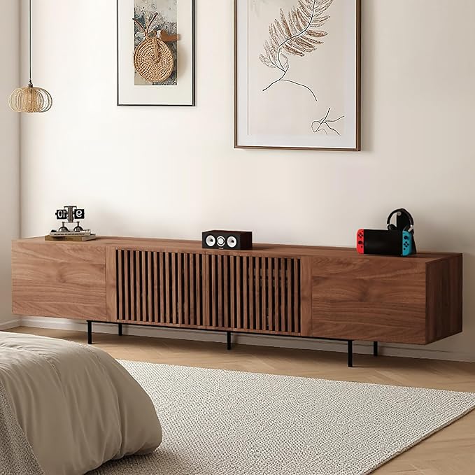 Pajiasen 94.48″ Mid Century Modern Walnut TV Stand with Grille Doors, Storage Cabinets,Entertainment Center for TVs Up to 80",Media Console for Living Room or Bedroom
